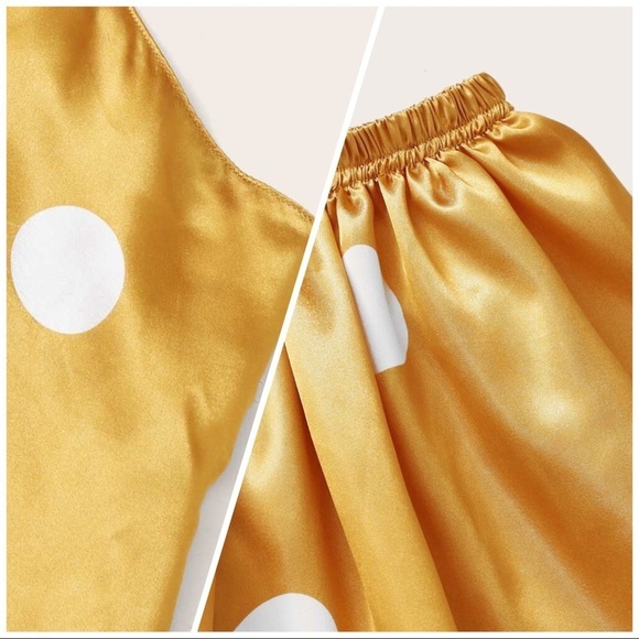 New Yellow Polka Dot Satin Silk-Like Pajama Set​ - Picture 3 of 4